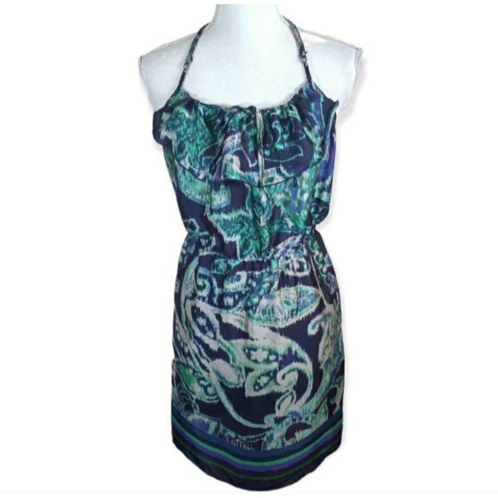 XHILARATION WOMAN'S BLUE SILKY PAISLEY RUFFLE LATTICE DRESS SZ. XL EUC.